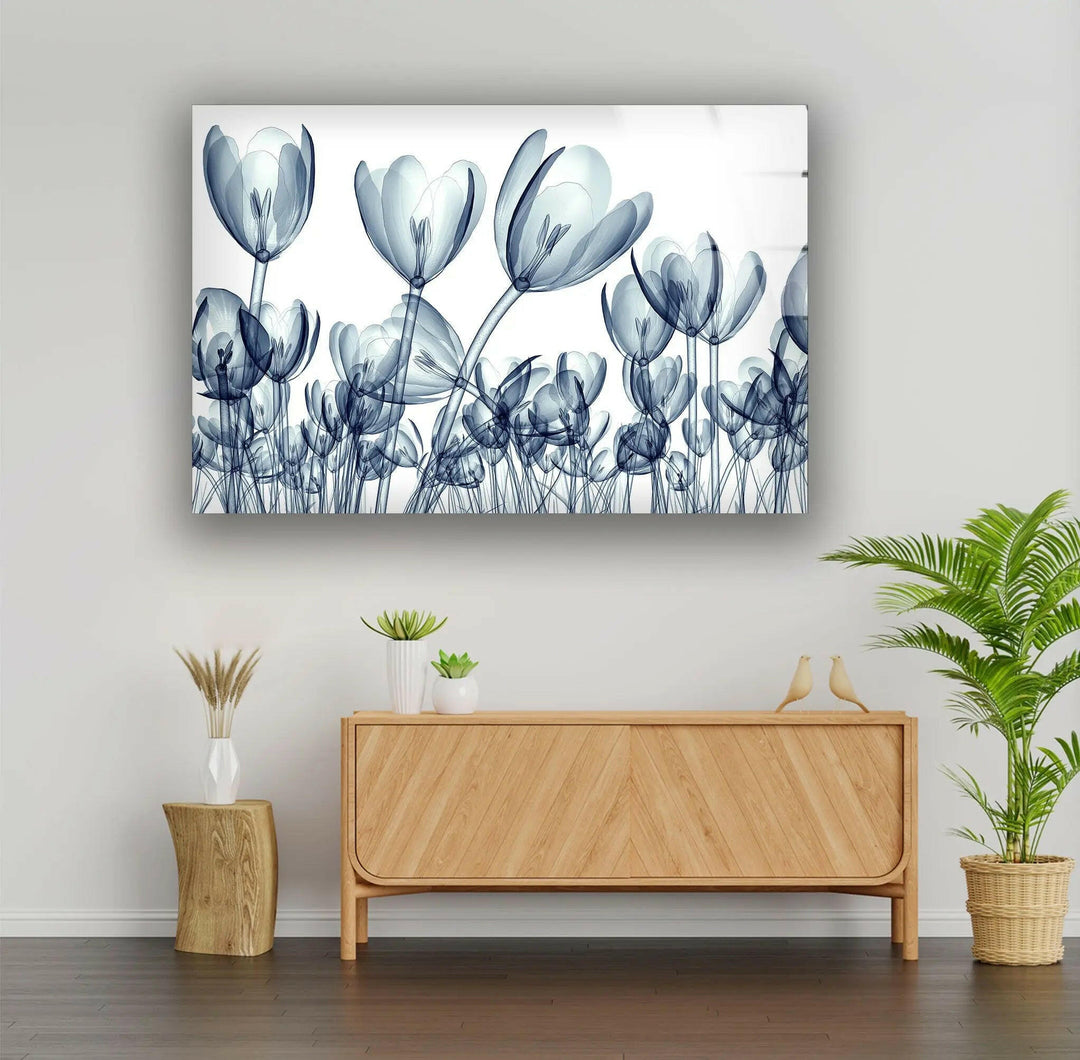 Xray Blue Tulip Flowers Glass Wall Art, art glass wall art, glass wall art pictures