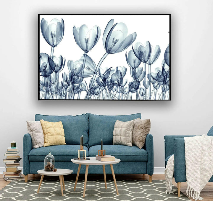 Xray Blue Tulip Flowers Glass Wall Art, glass image printing, glass prints from photos