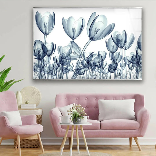 Xray blue tulip flowers bloom in darkness within this glass wall print.