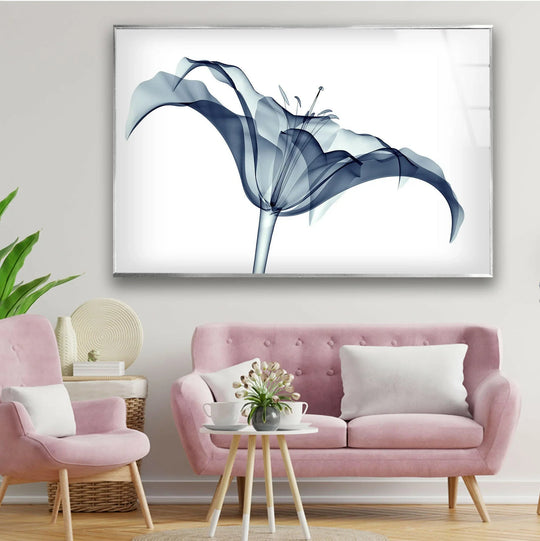 A delicate navy blue x-ray amaryllis flower design adorns this stunning piece of best glass art, showcasing intricate details.