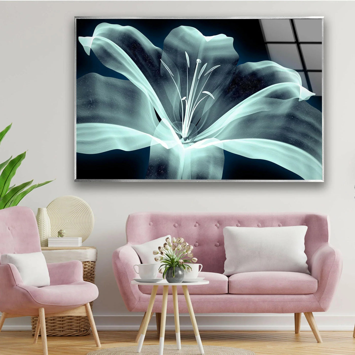 The translucent Xray flower glass wall art depicts petals gracefully unfurling in a flowing dance.