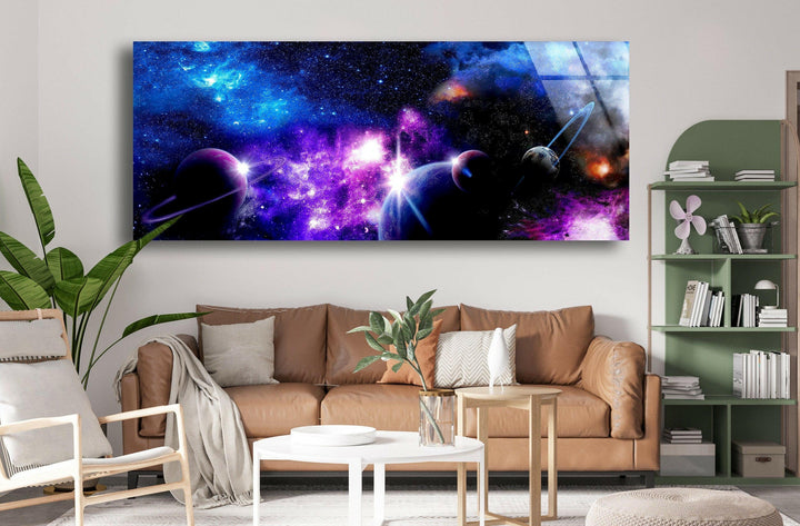Purple Galaxy With Planets Glass Wall Art, glass photo prints, glass picture prints