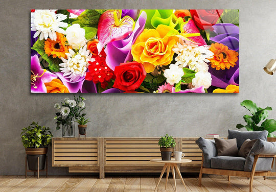 The focal point draws the eye to the vibrant Colorful Flower Posy tempered glass wall art prints that creates a stunning, cheerful ambiance.