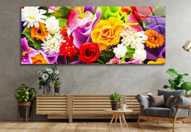 Colorful Flowers Panoramic Tempered Glass Wall Art