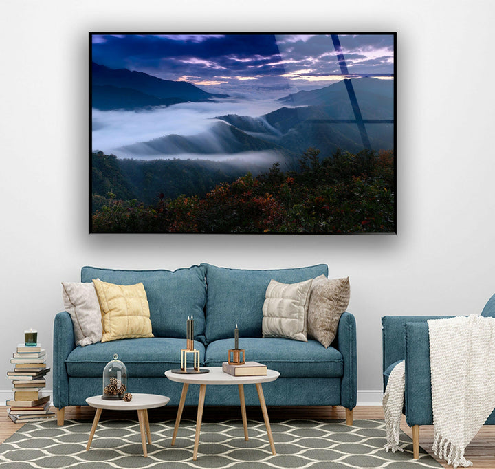 Mist-Covered Hills at Dawn – A High-Definition Glass Print
