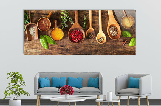 Repeating wooden spoons and spice bowls create a captivating visual rhythm in this Herbs & Spices kitchen glass printing wall art.
