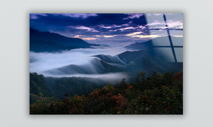 Ethereal Fog and Mountain Glow – A Dreamy Glass Wall Art
