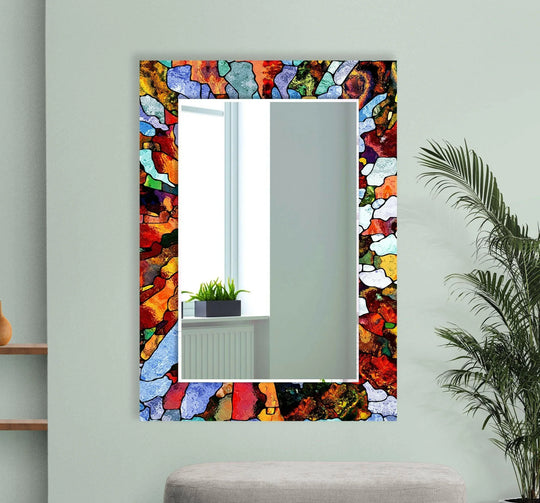 The wall mirror has a colored mosaic stones motif and is one of our large wall mirrors and stained glass mirror collection great artistic wall decor and is easily seen on a wall