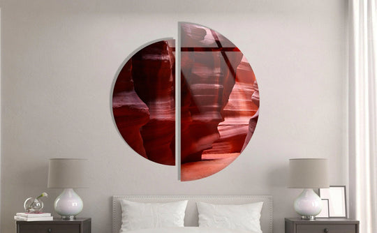 The realistic detail shows two pieces of round canyon decorative wall art that combine to form a single, striking, and lifelike desert landscape scene.