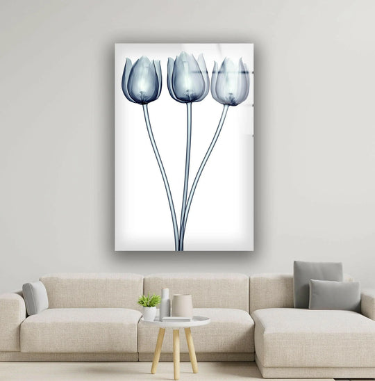 Dominant blue hues highlight the Xray Blue Tulip glass art, a modern glass art piece that brings a floral, botanical elegance to any living space.