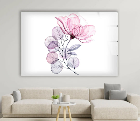 A soft pink floral watercolor glass wall art print displays muted, watercolor hues with delicate color saturation.