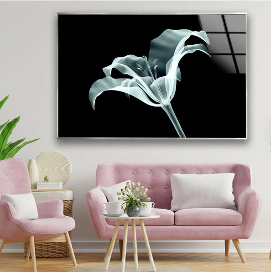 Xray flowers glass art painting with the softest translucent petals on a black background.