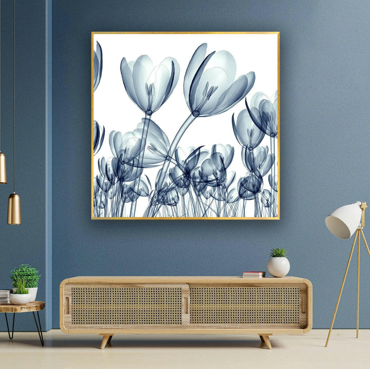 Xray Blue Tulip Flowers Glass Wall Art, custom glass pictures, glass art prints
