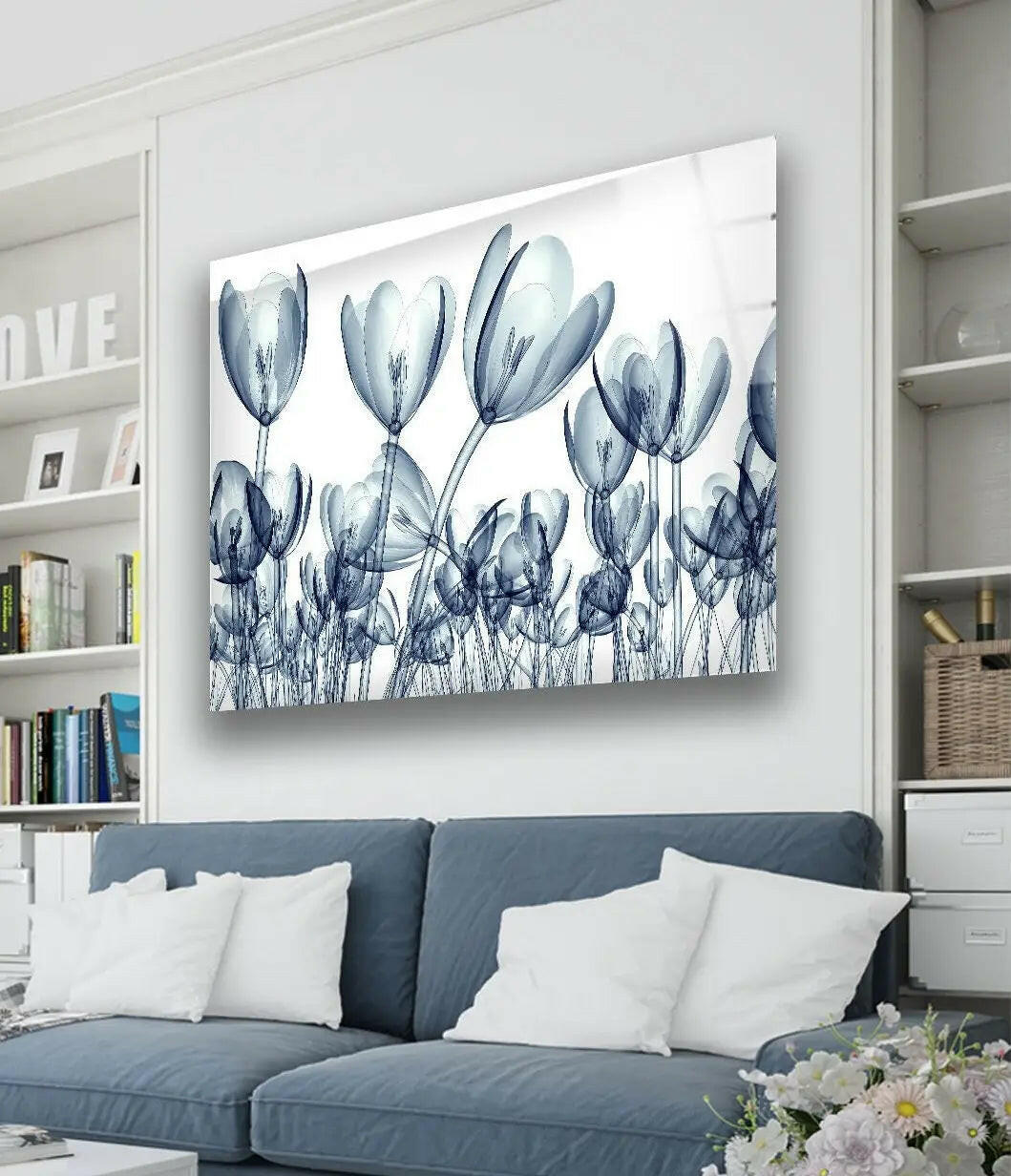 Xray Blue Tulip Flowers Glass Wall Art, glass photo prints, glass picture prints