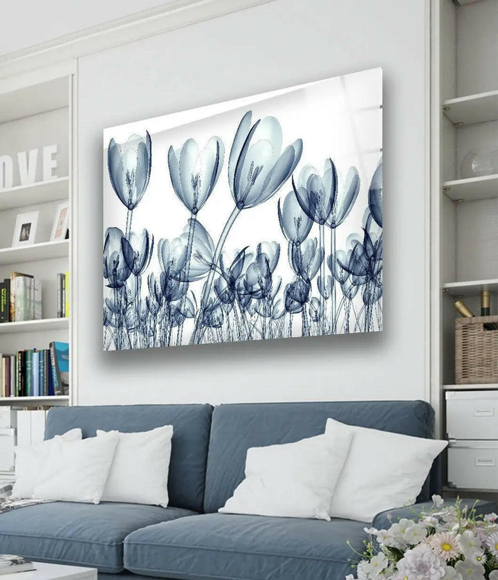 Xray Blue Tulip Flowers Glass Wall Art, glass photo prints, glass picture prints