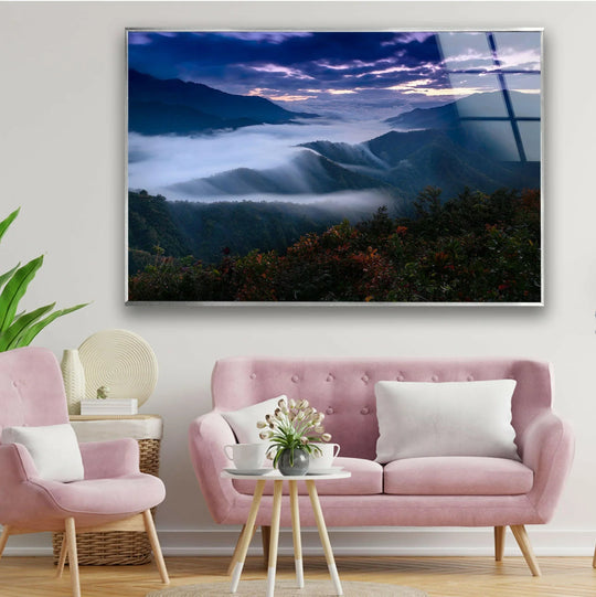 Highlighting the abstract quality, this misty mountain sunrise glass wall art showcases the best glass art with its ethereal foggy landscape forming an immersive composition.