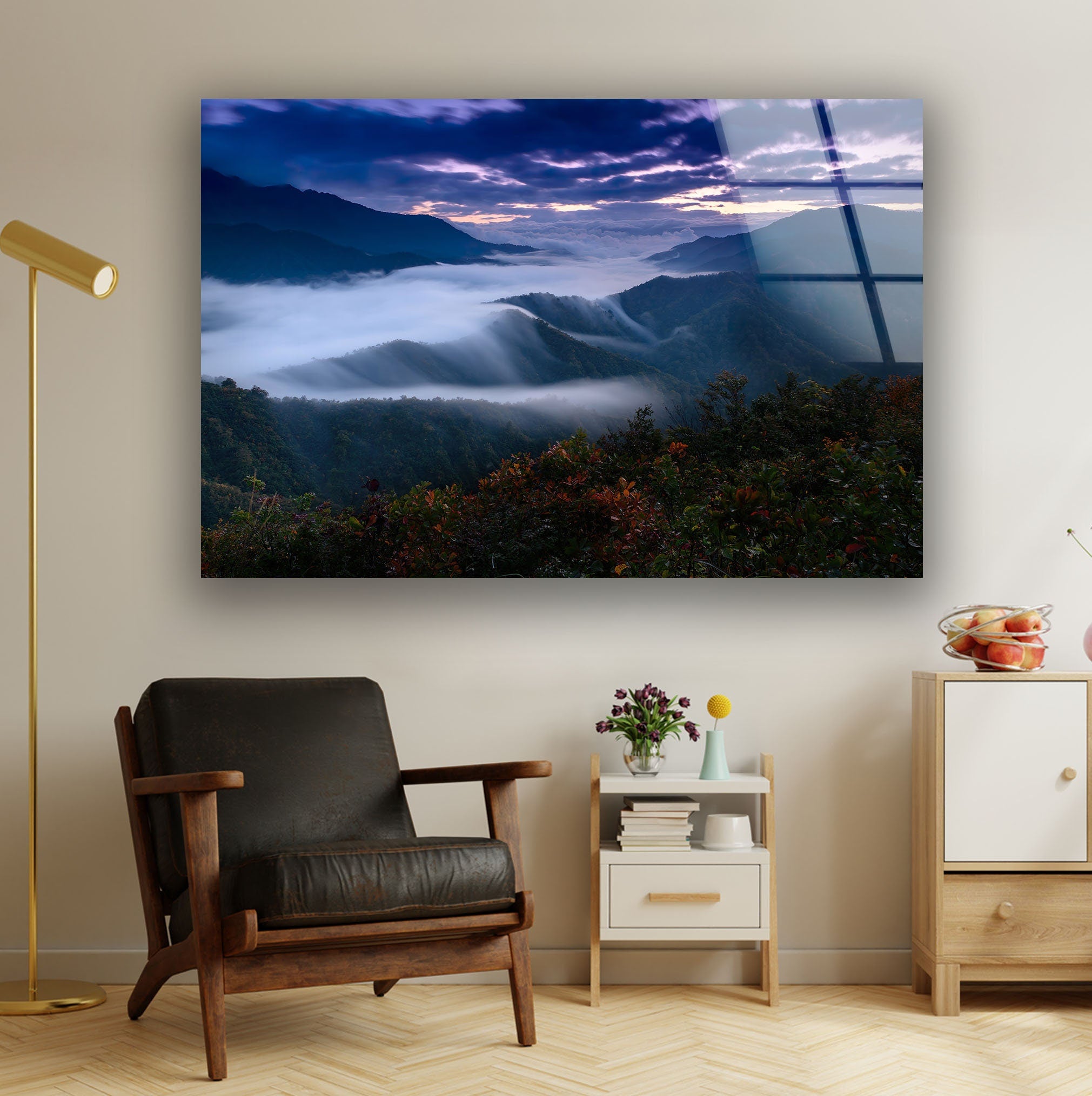Foggy Mountain Tempered Glass Wall Art