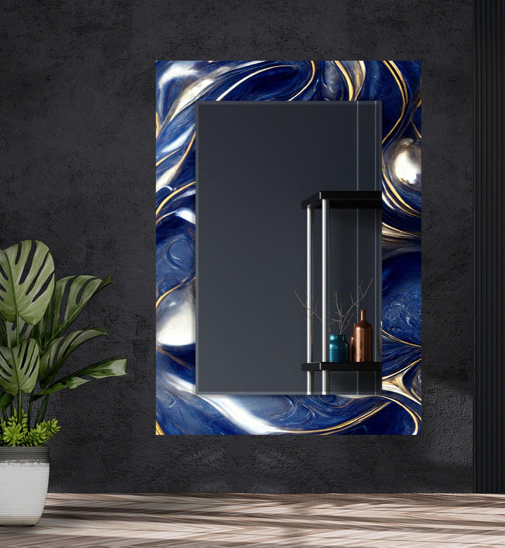 Marble Navy Blue and Gold Wall Mirror Abstract Wall Mirror
