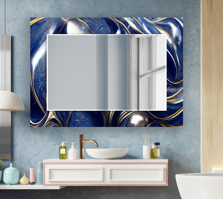 Marble Navy Blue and Gold Wall Mirror Dining Room Wall Mirror
