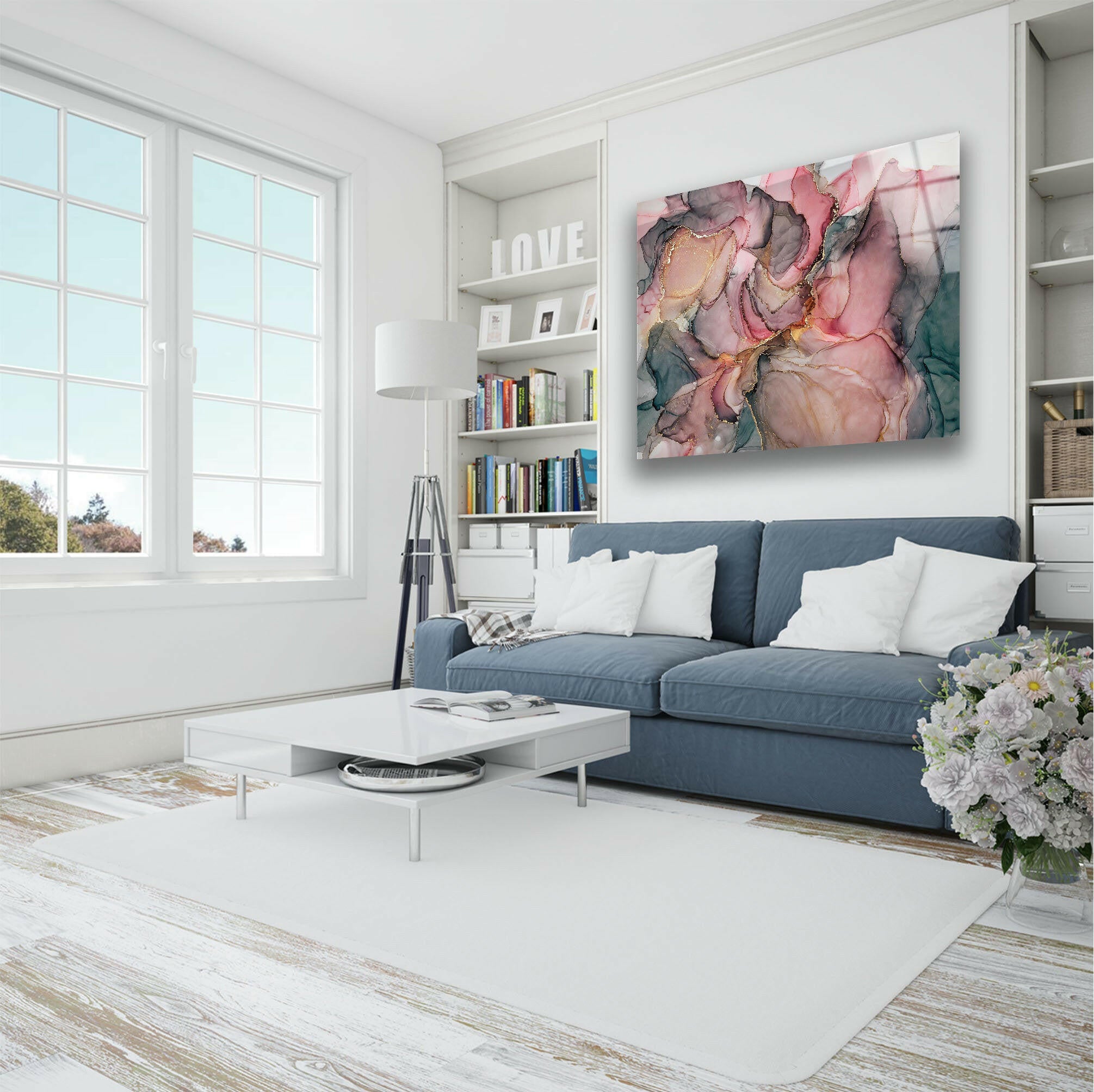 Pink Alcohol Ink Gray Marble Tempered Glass Wall Art