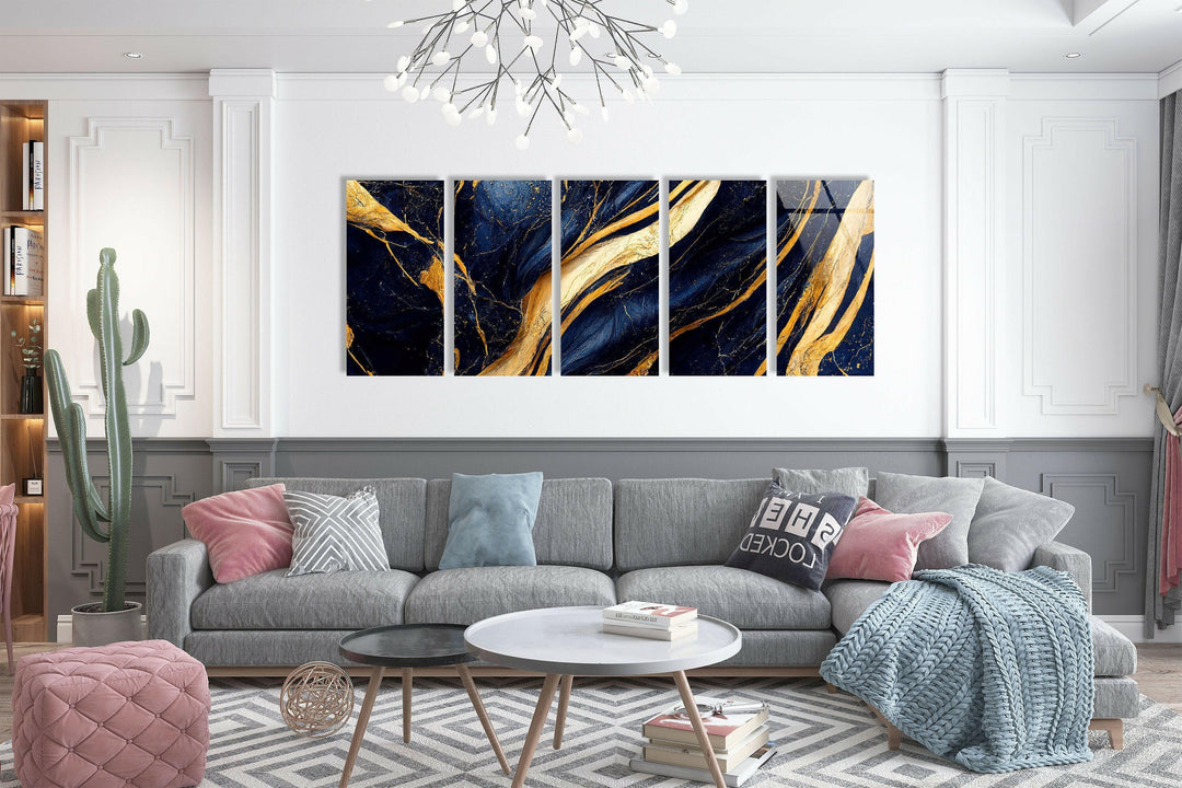 Navy Blue With Golden Veins Marble Glass Wall Art, glass pictures for Wall, glass prints wall art