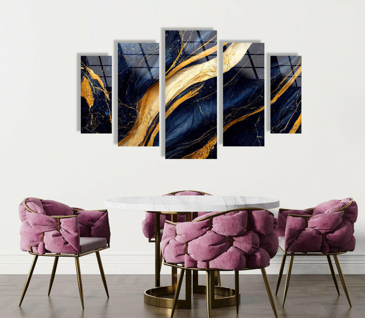 Navy Blue With Golden Veins Marble Glass Wall Art, photo print on glass, prints on glass wall art
