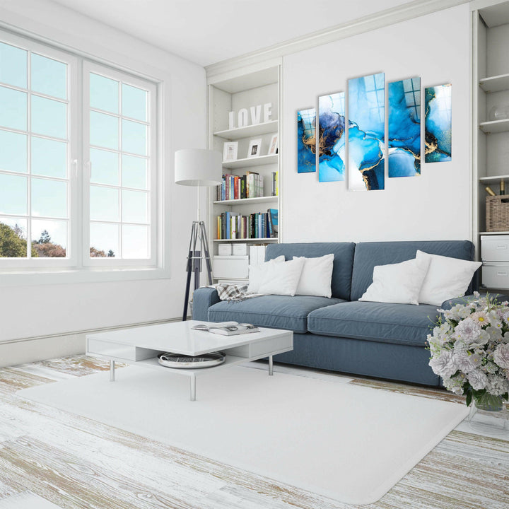 Luxury Blue, White Fluid Art Abstract Glass Wall Art, print on glass, glass printed photos