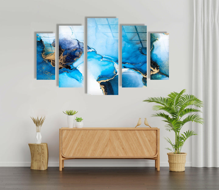 Luxury Blue, White Fluid Art Abstract Glass Wall Art, custom glass pictures, glass art prints