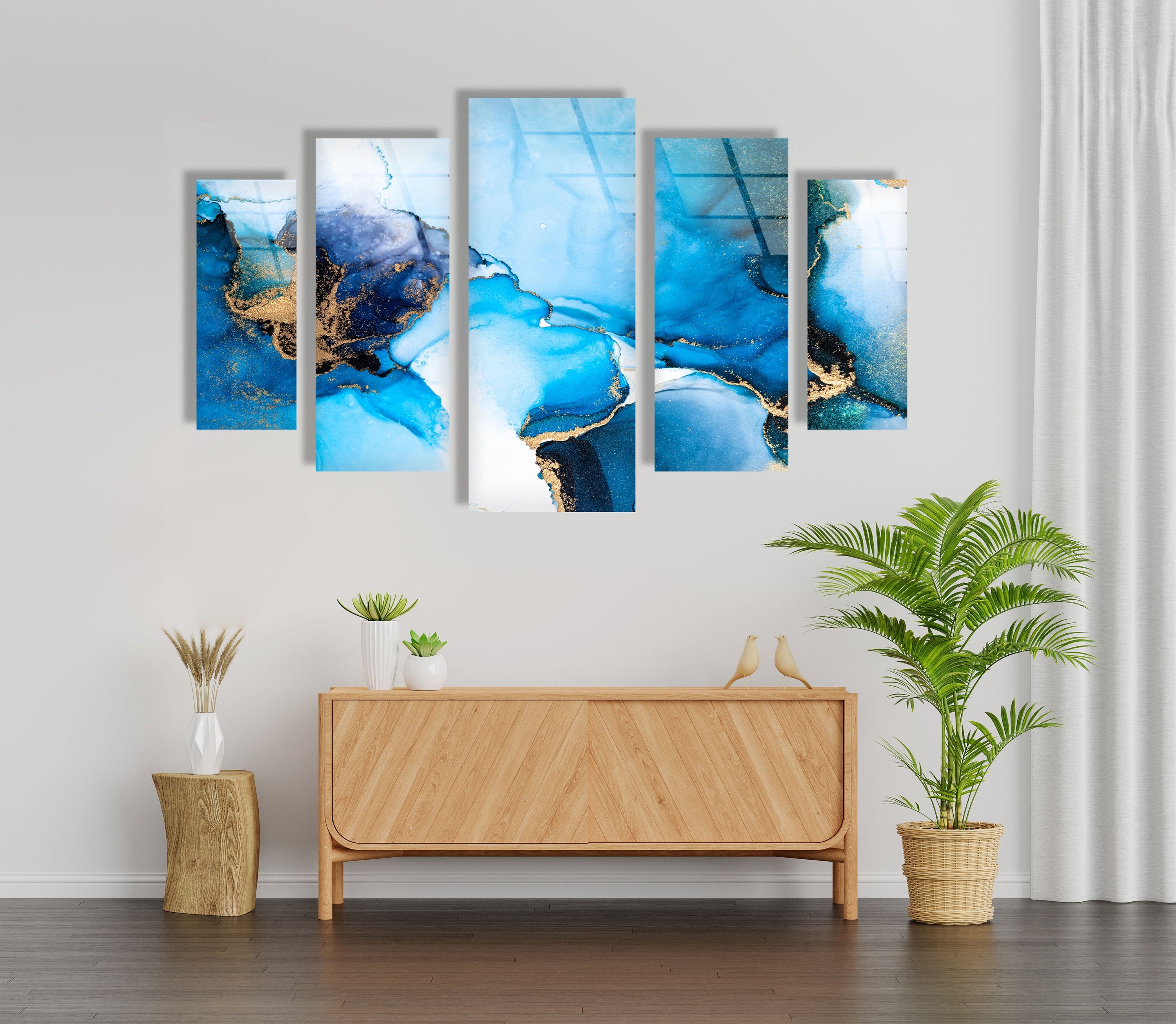 5 Piece White Blue Abstract Tempered Glass Wall Art