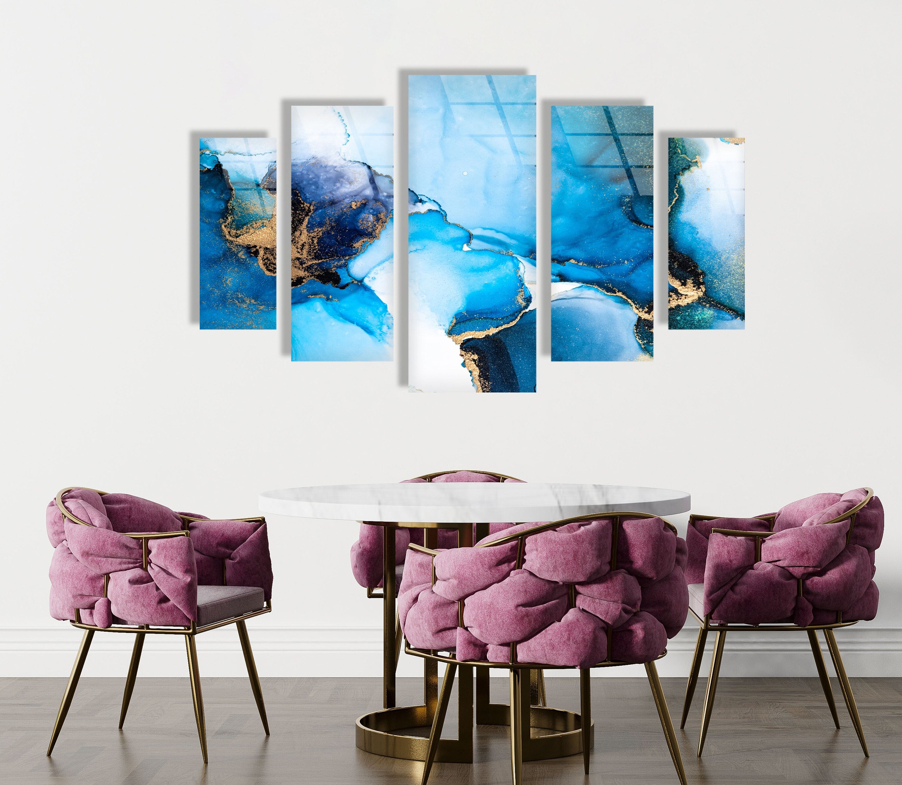 5 Piece White Blue Abstract Tempered Glass Wall Art