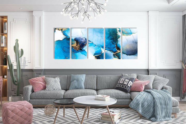 Luxury Blue, White Fluid Art Abstract Glass Wall Art, custom glass photo prints, large glass prints