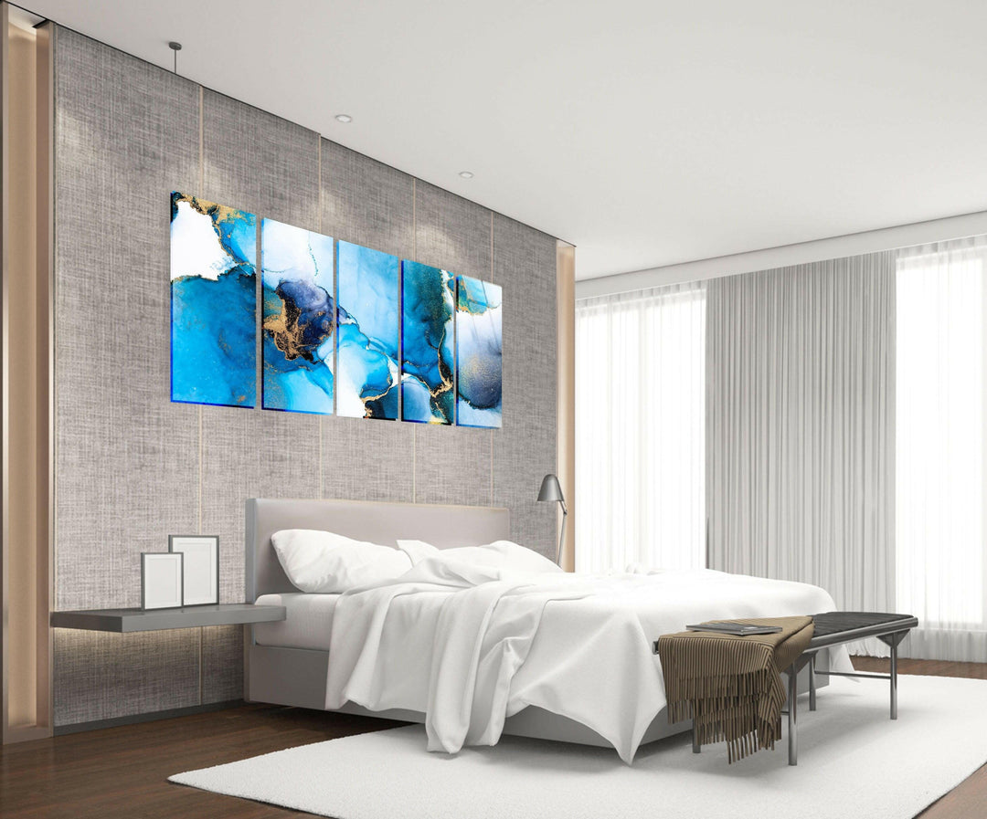 Luxury Blue, White Fluid Art Abstract Glass Wall Art, picture on glass wall art, photos printed on glass