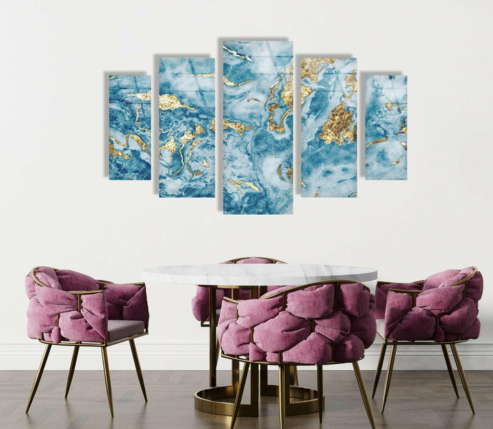 Light Blue & Gold Glitter Marble Abstract Glass Wall Art, glass image printing, glass prints from photos