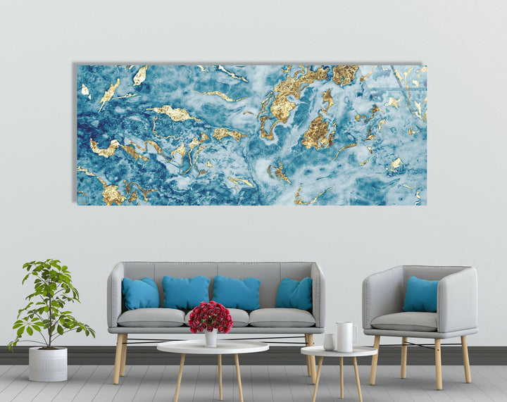 Light Blue & Gold Glitter Marble Abstract Glass Wall Art, Glass Printing Wall Art, Print photos on glass