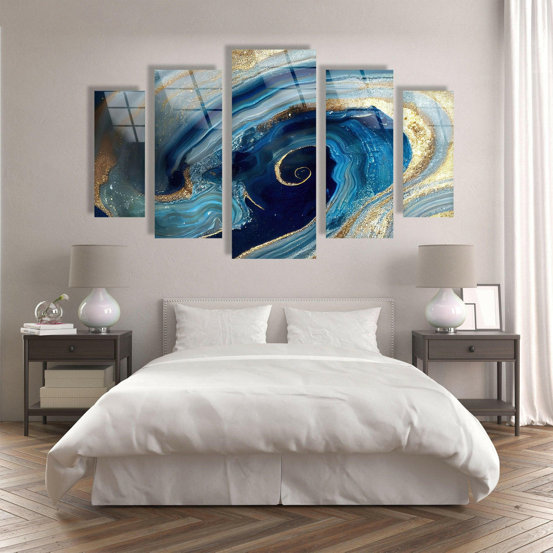 Swirl Of Blue Gold Marble Abstract Glass Wall Art, print on glass, glass printed photos