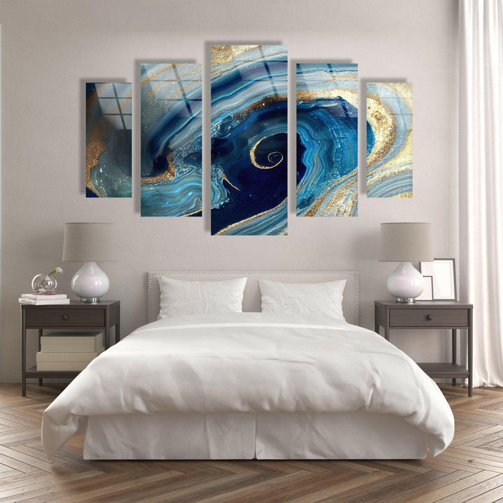 Swirl Of Blue Gold Marble Abstract Glass Wall Art, print on glass, glass printed photos