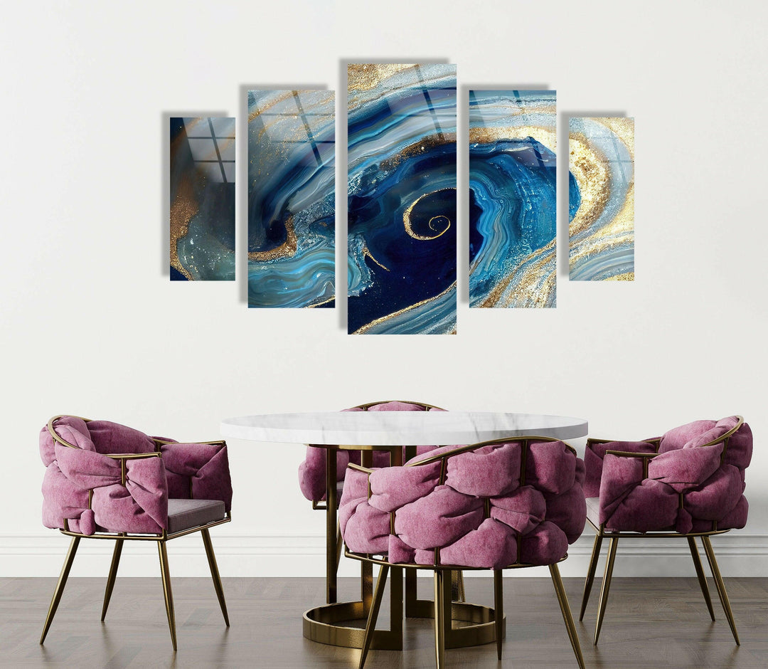 Swirl Of Blue Gold Marble Abstract Glass Wall Art, print picture on glass, Tempered Glass Wall Art