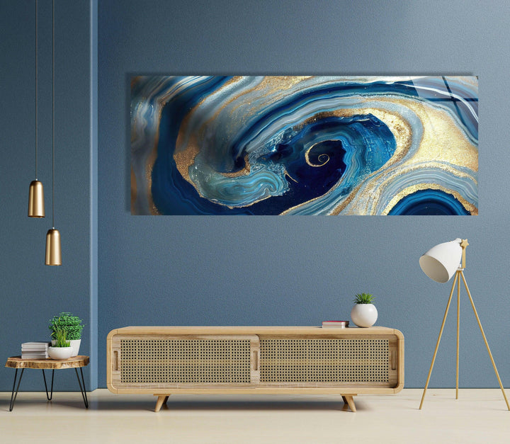 Swirl Of Blue Gold Marble Abstract Glass Wall Art, large glass photo prints, glass wall photos