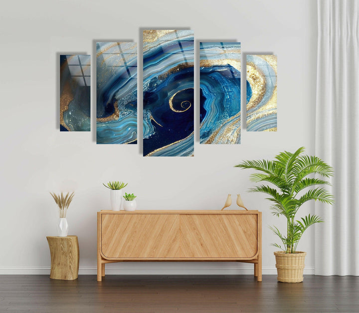 Swirl Of Blue Gold Marble Abstract Glass Wall Art, photo print on glass, prints on glass wall art
