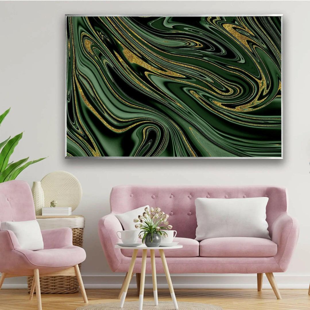 Abstrakte Glaswandkunst aus goldenem, schwarzem und grünem Marmor