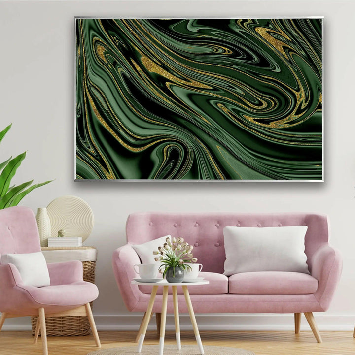 Abstrakte Glaswandkunst aus goldenem, schwarzem und grünem Marmor