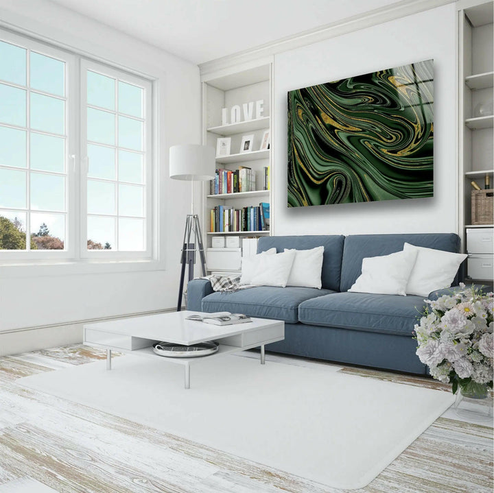 Abstrakte Glaswandkunst aus goldenem, schwarzem und grünem Marmor