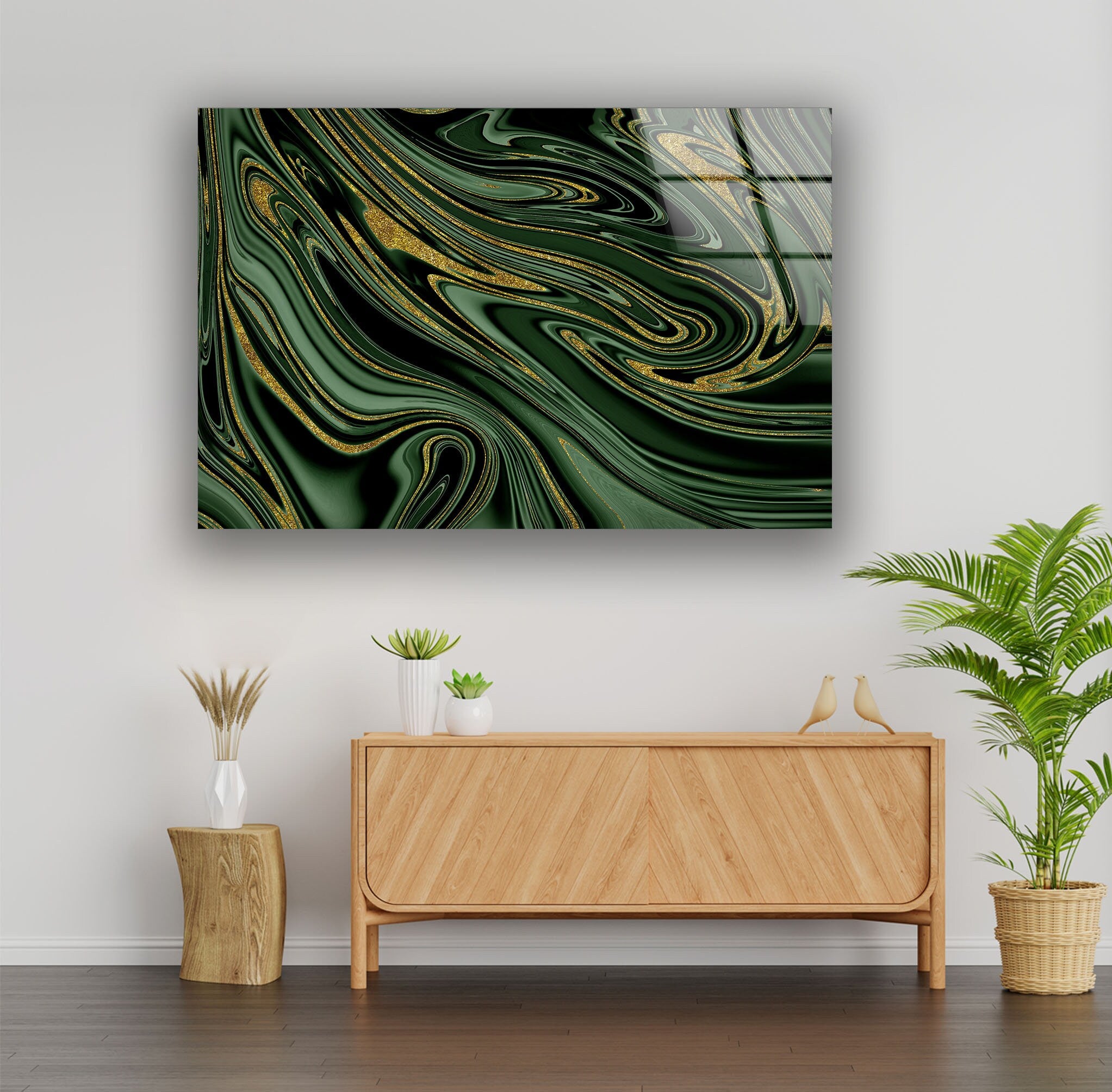 Golden Green Abstract Tempered Glass Wall Art