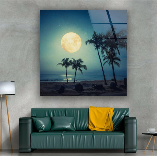 Elegant wall art of a serene beach at night, illuminated by a large full moon.
