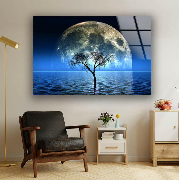 A breathtaking view of a glowing moon over calm waters, printed on high-quality tempered glass.
