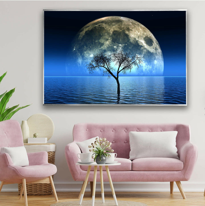 Celestial elegance meets modern decor with this high-definition glass wall art of a moonlit ocean.
