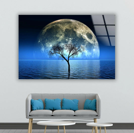 Mystical moonlit scenery captured on glass wall art, adding a celestial touch to any room.
