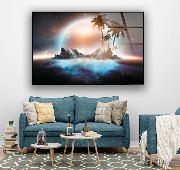 A futuristic island scene with celestial lighting and dreamlike reflections.
