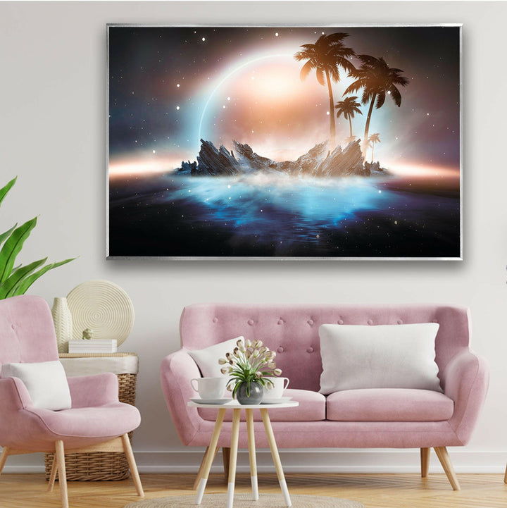 Cosmic landscape with palm trees and an ethereal glowing ocean.
