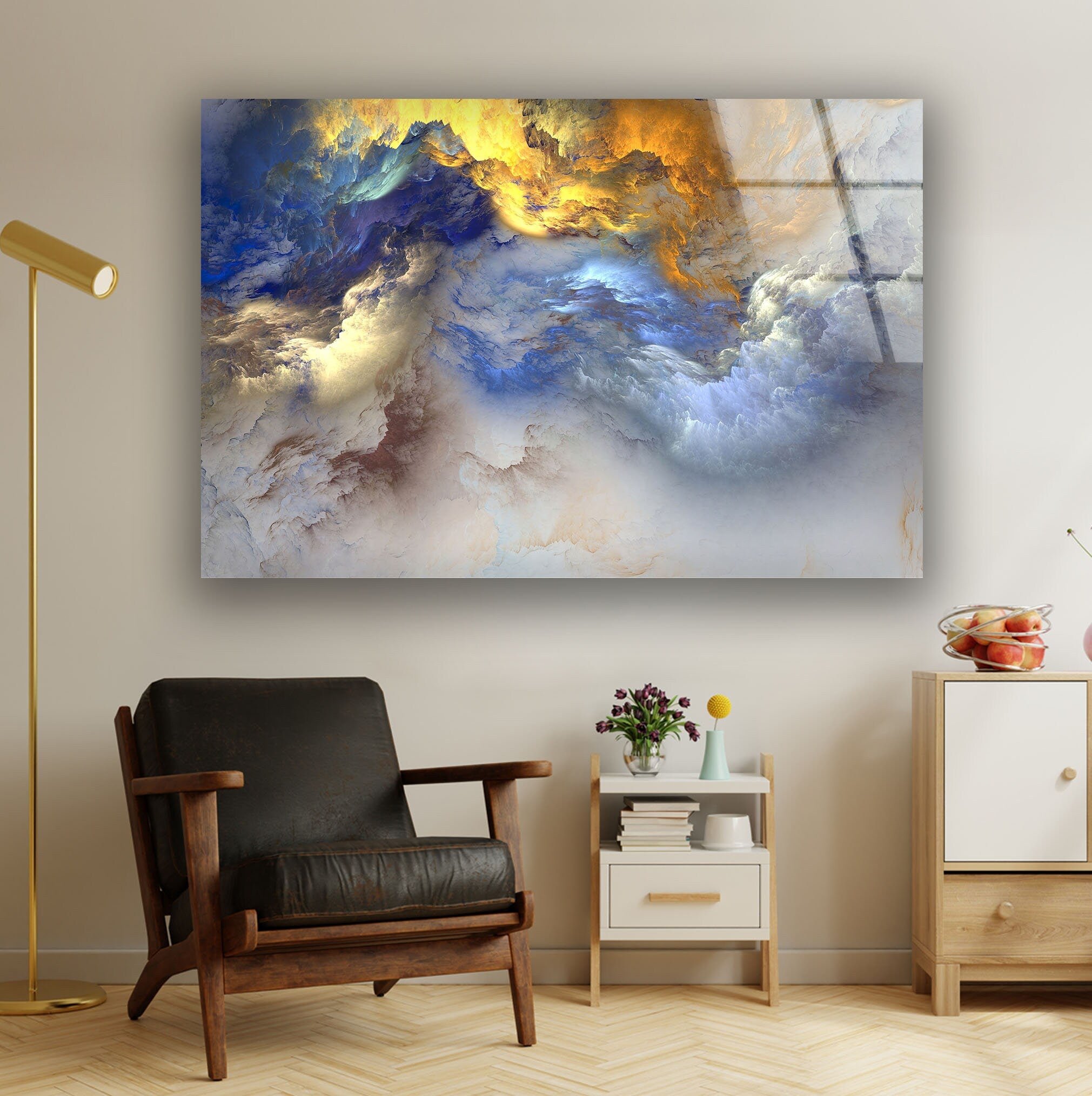Blue and Yellow Abstract Tempered Glass Wall Art